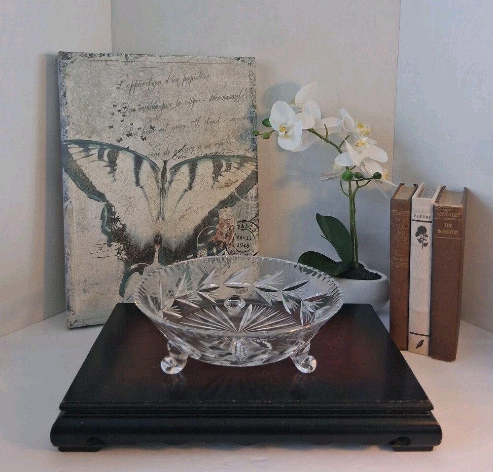 Vintage Bohemian Cut Crystal 3-Footed Bowl 9" Pinwheel Star Centerpiece Fruit